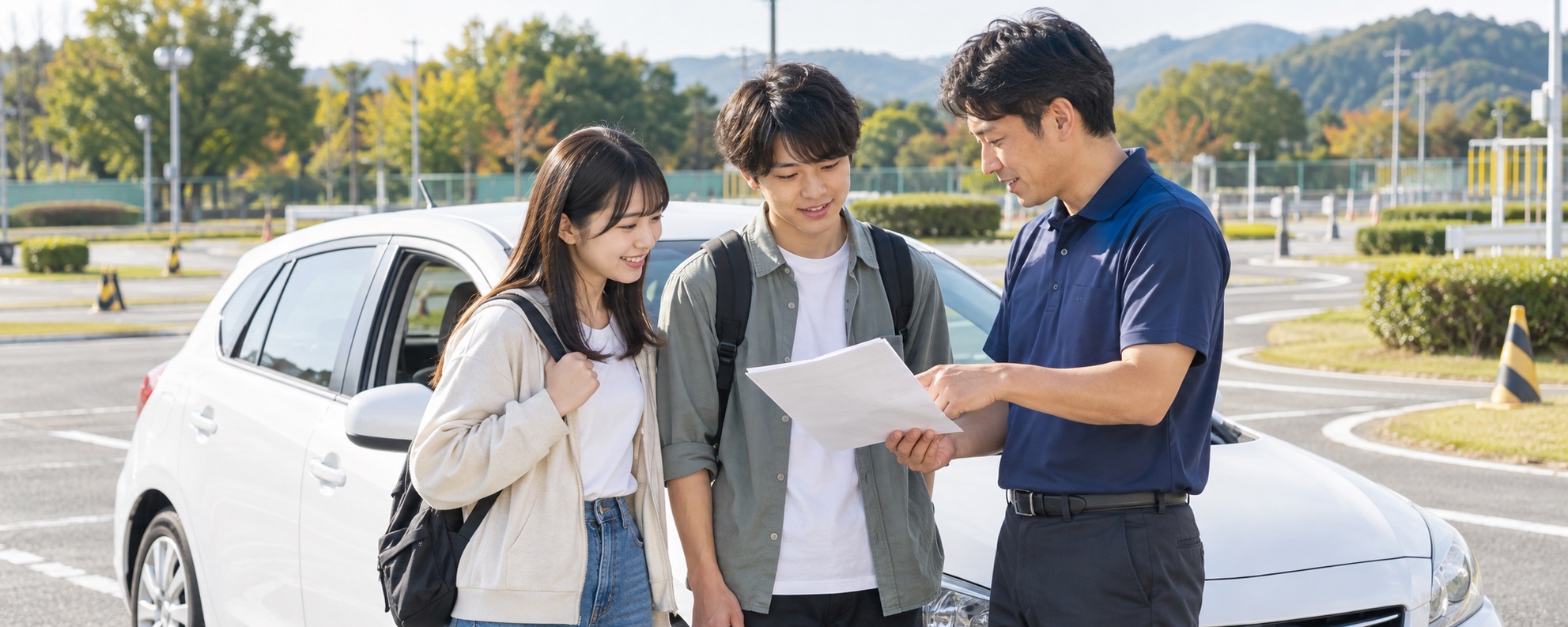 教習所で指導員と日程を相談する学生