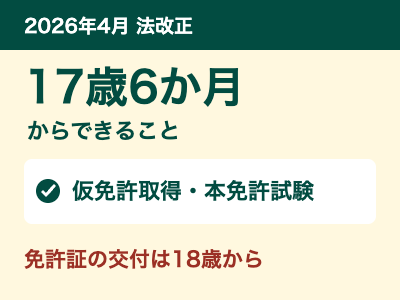 17歳6か月から仮免許取得・本免許試験、免許証交付は18歳から